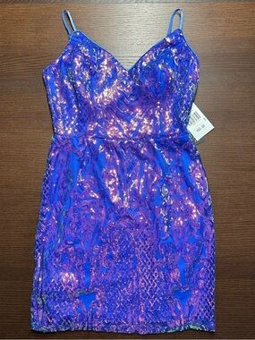 Blue Sequin Spaghetti Strap Mini Dress City Vibe Size 5 or Small NWT
